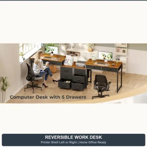 53" Rustic Brown Computer Desk with 5 Drawers & Storage Shelf - Thumbnail Image 3