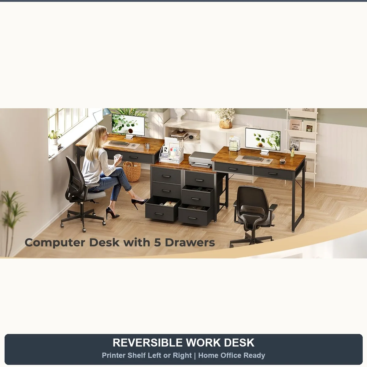53" Rustic Brown Computer Desk with 5 Drawers & Storage Shelf - Image 3