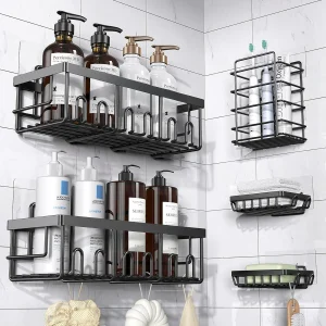 5-Piece Black Rustproof Shower Organizer, No Drilling
