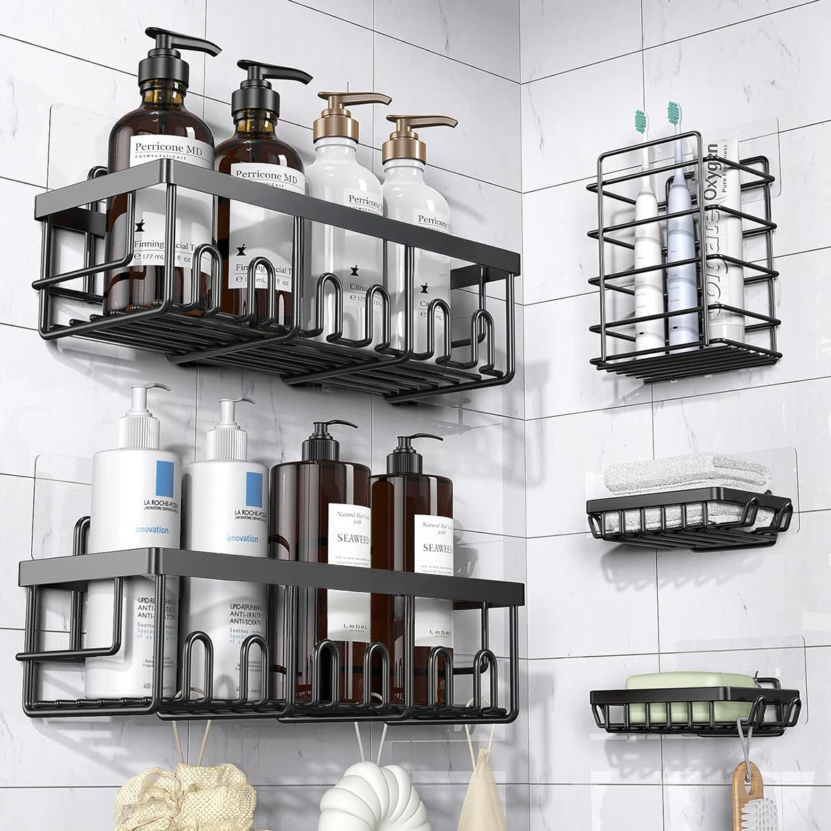5-Piece Black Rustproof Shower Organizer, No Drilling - Image 1