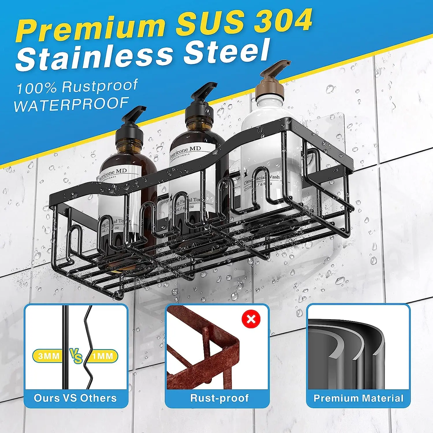 5-Piece Black Rustproof Shower Organizer, No Drilling - Image 3